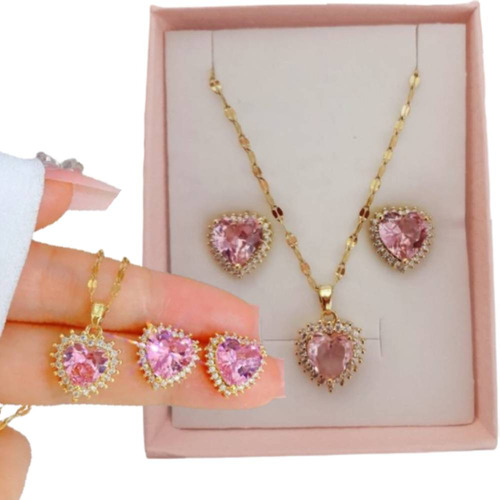 Set Collar Aretes Corazon Acero Inoxidable + Estuche