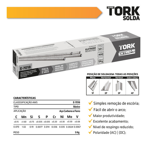 Eletrodo Revestido Vareta Solda E7018 5.0mm Caixa 5kg Tork Cor da punta Cinza-escuro
