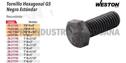 10 Tornillos Hexagonales G5 Negro 1 -8 X 3-1/2 P