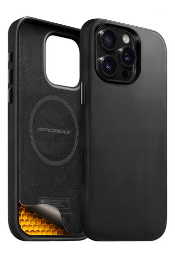 Capinha Capa Case MagBolt Defender Case Para iPhone 16 Pro Max Com Magsafe Em Couro Genuino E Espuma De Memória Espacial Anti-impacto Preto