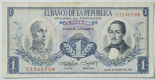 Billete 1 Peso 12/oct/1959 Colombia Vf-xf
