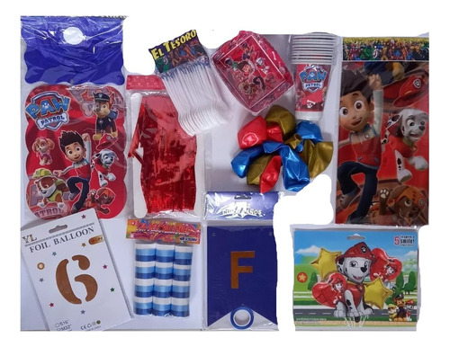 Kit Decoración Paw Patrol Chase 24 Niños+numero 70cm+mantel