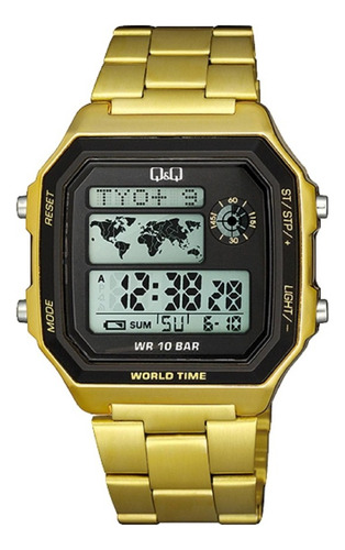Reloj Q&q By Citizen M196j007y Para Hombre Hora Mundial 100m Color de la malla Dorado Color del bisel Dorado Color del fondo Gris