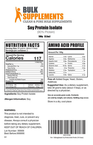 Bulk Supplements | Soy Protein Isolate | 100g | 3 Servings