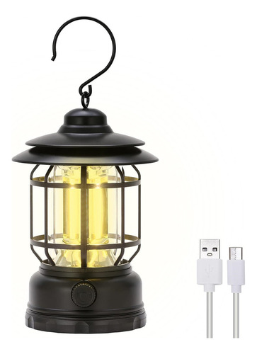 Farol Retro Decorativa Luz De Emergencia Recargable Usb C Color Negro