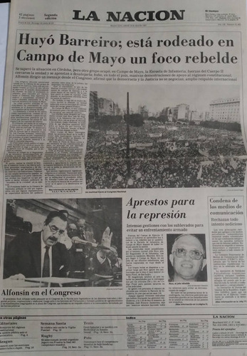 La Nacion 18/4/1987 Levantamiento Militar Semana Santa