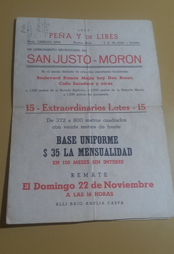 Folleto Venta Lotes Peña Y De Libes Año 1953 San Justo-moron