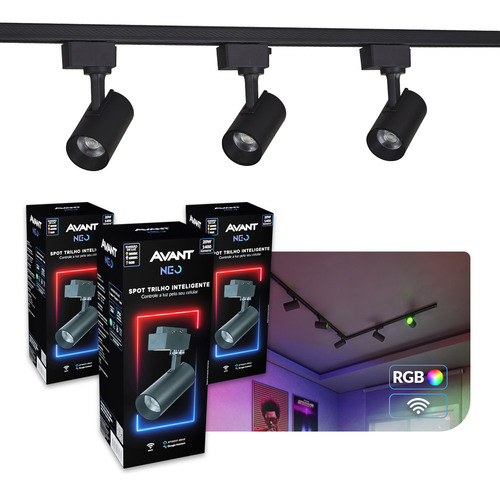 Kit Trilho 3 Spot Smart Inteligente 1 Metro 60w Wi-Fi Alexa Google RGB Colorido 127/220v Preto Avant Neo
