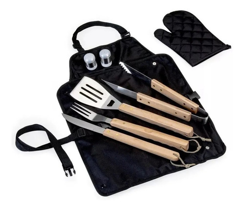 Imagem 9 de 9 de Kit Churrasco Inox 8 Peças Avental Preto De Nylon