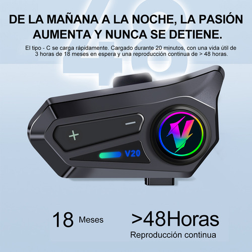 Fopnew V20 Intercomunicador Motocicleta Para Casco Bluetooth 5.3interfono Impermeable Ipx6 Micrófono Doble Lámpara Argb Led Modo De Chat En Grupo Intercomunicador Moto Negro Soni 3d Estéreo