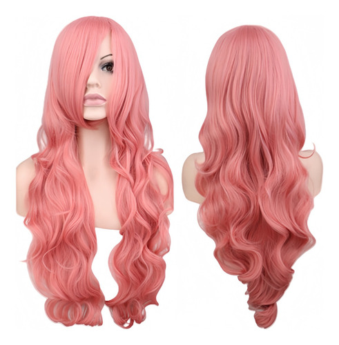 Elegante Peluca Rosa Ondulada Extra Larga Con Flequillo Para