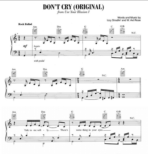 Partitura Don't Cry Guns & Roses P/ Piano, Órgano Y Guitarra