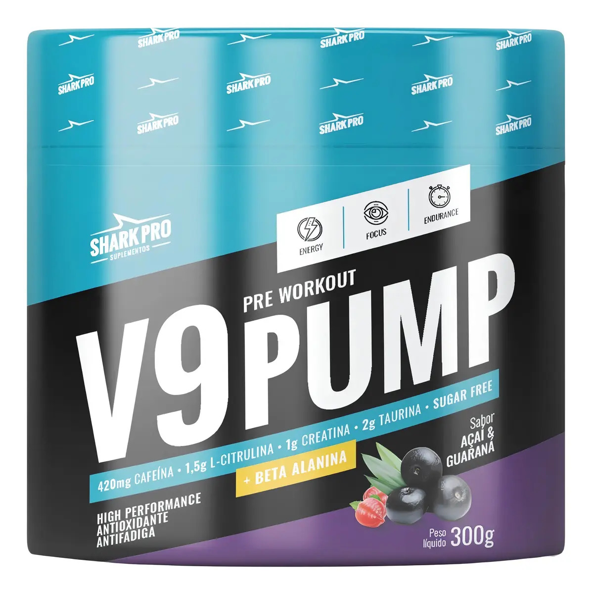 Shark Pro Suplemento Em Pó Pré Treino V9 Pump Shark Pro 300g Alanina Sabor Açaí Com Guaraná