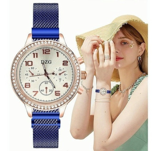 Reloj Digital Con Imán De Tres Ojos Pedrería De Temperamento Color de la correa Azul