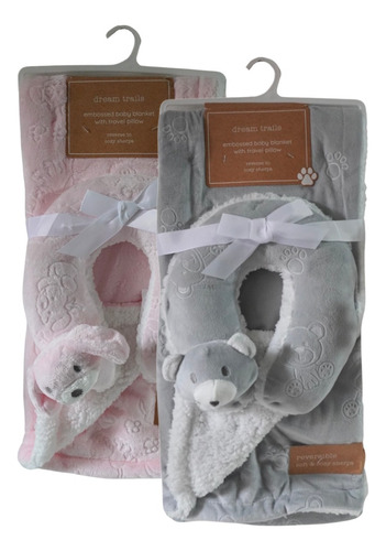 Set Frazada Manta Corderito Cuellito Almohada Infantil Bebé Oso Gris