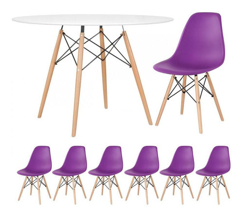 Conjunto Jantar Eames Eiffel 6 Lugares Mesa 120cm 6 Cadeiras Cor Da Tampa Mesa Branco Com Cadeiras Roxo