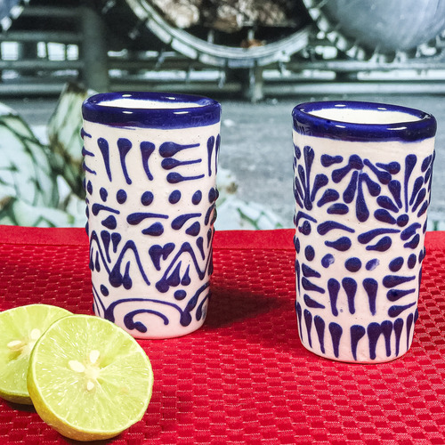 Mextequil -set 32 Caballitos Tequileros Talavera Encaje Azul Azul