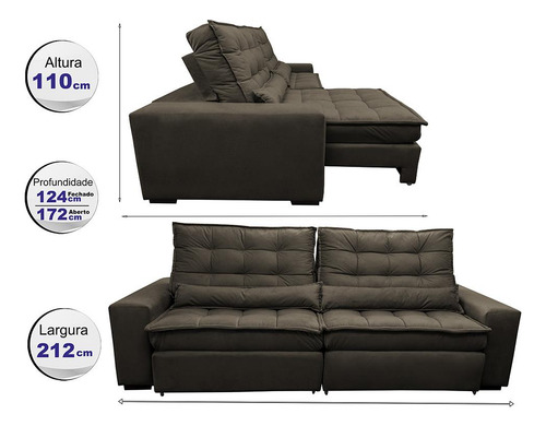 Sofá Retrátil e Reclinável com Molas Ensacadas Cama inBox Gold 2,12m Tecido Suede Velusoft Café