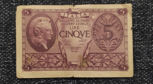 Billete 5 Liras Italia 1944 Primera Serie!! 