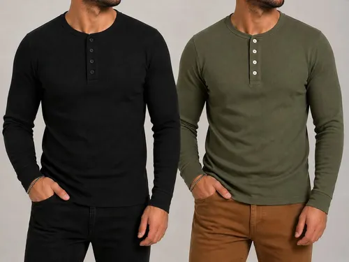 Kit 2 Camiseta Henley Masculina Manga Longa 4 Botões - 6 Cores