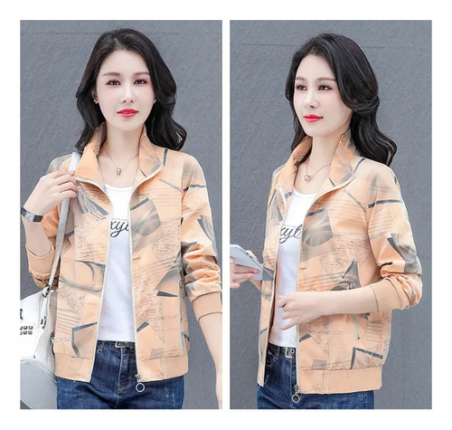 Chaqueta Estampada Con Cuello Alto Y Cremallera Para Mujer