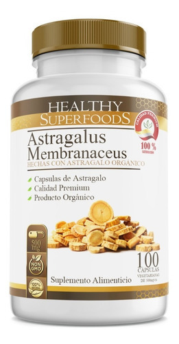 Healthy Superfoods - Astragalo (Astragalus membranaceus) - Puro Premium - 100 Capsulas - 500mg - Sabor Natural
