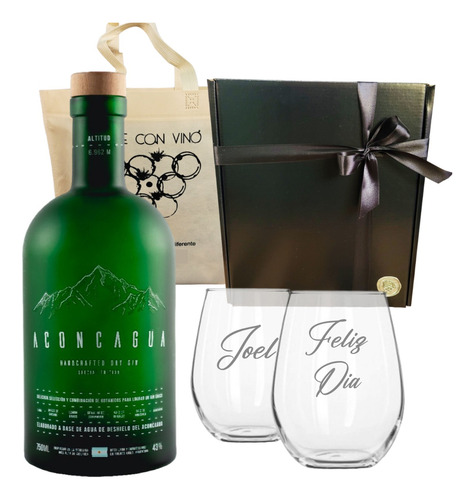 Regalo Box Gin Aconcagua Verde + 2 Vasos Vidrio Grabados Kit