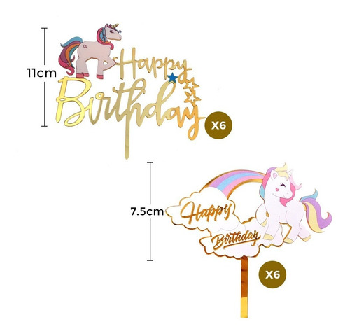 Deco Art/cake Topper Happy Birthday Unicornio/1 Set De 12 Pz
