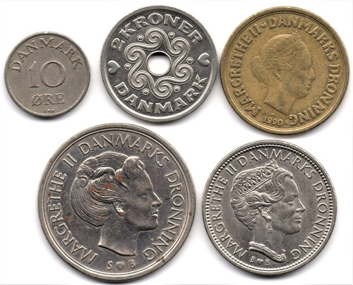 Dinamarca 10 Ore Y 2, 5, 10 Y  20 Kroner Grupo De 5 Monedas