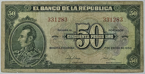 Billete 50 Pesos 01/ene/1950 Colombia F-vf