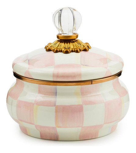 Olla Aplastada Esmaltada Con Tapa, 20 Oz, Cuadros Rosados Y