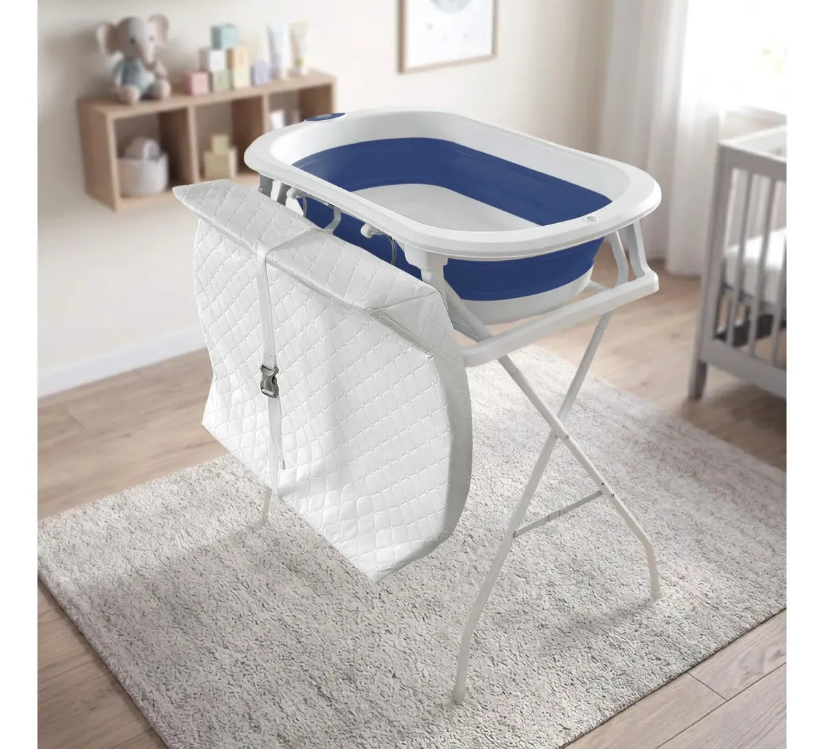 Bebbly Bañera Alta Para Bebé Con Cambiador, Sensor De Temperatura y Soporte Metálico Para Bebés De 0 A 24 Meses (Azul)