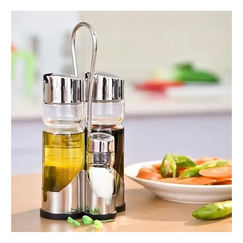 Set X4 Aceitera Vinagrera Sal Pimienta Vidrio Con Soporte