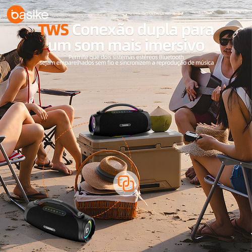 Caixa De Som Basike 200w Portátil Bluetooth 5.3 com 8 Horas de Autonomia, IPX6 À Prova D'água, Grave Intenso, Luzes RGB Coloridas, Ideal Para Festas, Praia, Camping E Presente