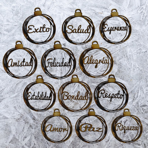 Set De Esferas 12 Deseos Madera Mdf (12 Pzas) Navidad 13cm