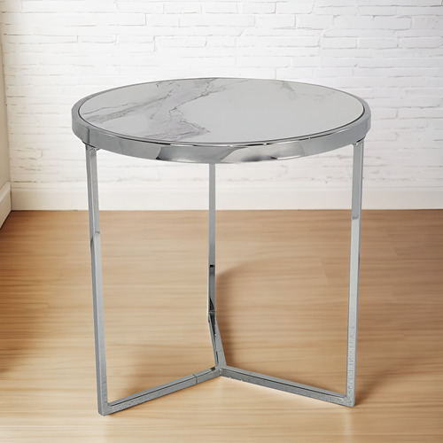 Mesa Ratona Redonda 50 Vidrio Simil Marmol Base Cromada Cromado