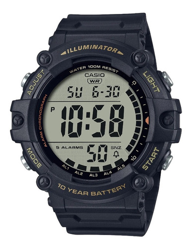 Reloj pulsera digital Casio AE-1500 con correa de resina color negro - fondo gris - bisel negro/amarillo