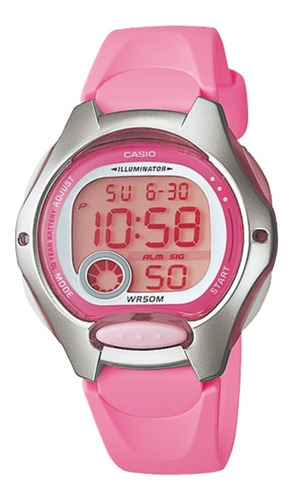 Reloj de pulsera Casio Youth LW-200 de cuerpo color rosa, digital, para mujer, fondo gris, con correa de resina color rosa, dial rosa, subesferas color beige y rosa y plateado, minutero/segundero rosa, bisel color rosa y plateado y hebilla simple