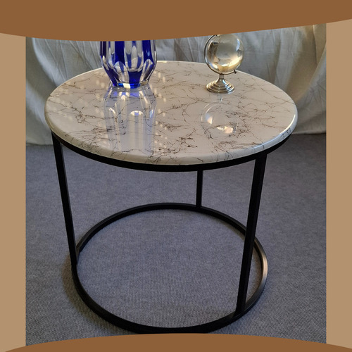 Mesa Ratona Redonda Simil Marmol Industrial Hierro Moderna Blanco