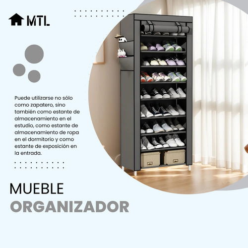 Zapatero Organizador Mtl Portatil Plegable 9 Estantes Color Gris Multiuso