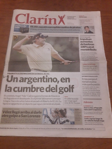 Diario Clarín 13 04 2009 Ángel Cabrera Golf Torneo Maestros 