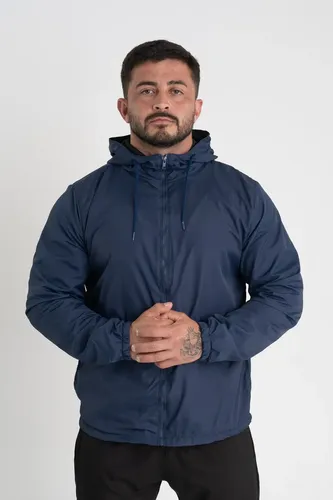 Jaqueta Corta Vento Liso Unissex Esportivo Capuz E Bolsos Azul-marinho M