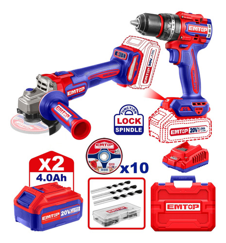 Kit Taladro Inalámbrico Amoladora Brushless 2bat 4amp Emtop Rojo 50/60hz