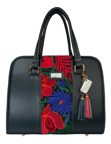Imagen 1 de 7 de Bolso Artesanal Bordado Camila Negro Bolsa Piel Angelozano