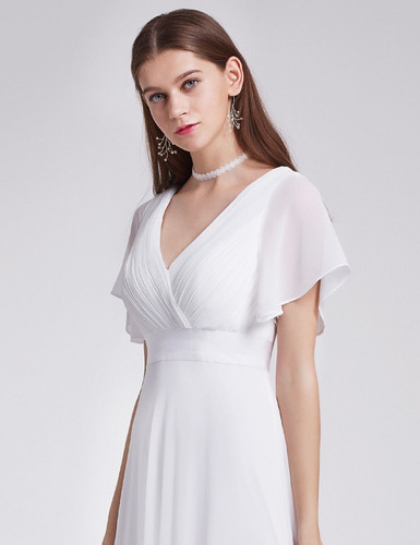 Vestido Largo Gasa Color Blanco Con Mangas Cortas Importado