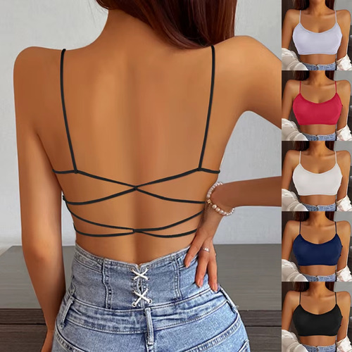 Top Deportivo Mujer Con Diseño Cruzado En La Espalda Negro Rayas Único