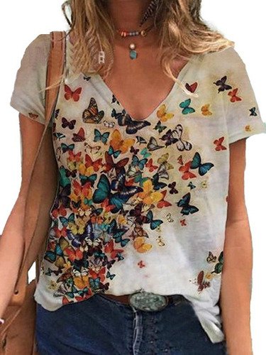 Camiseta De Manga Corta Con Estampado De Mariposas Para Muje