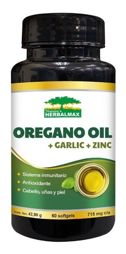 Capsulas De Aceite De Orégano + Ajo + Zinc 60 Softgels Caps