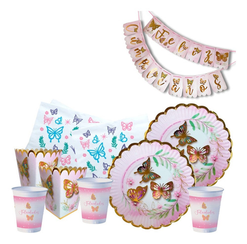  Combo Set De Cumpleaños Mariposa Glam Kit Para 20 Cotillón