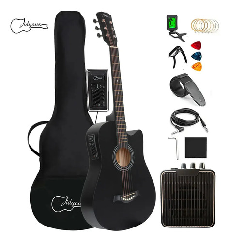 Guitarra Electroacústica Jidyous Modelo JGIN38CBL de 6 Cuerdas para Diestros Color Negra Tilo con Funda y Amplificador 5W Recargable